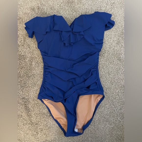 J Crew blue navy one piece strapless ruffle swimsuit NWT size 6 - Picture 2 of 3